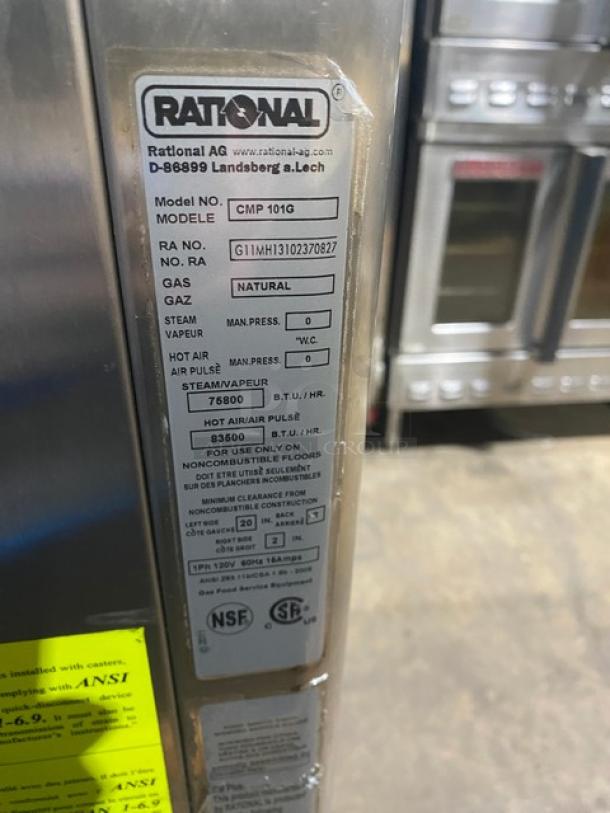 SWEET! Rational CombiMaster Plus Series Commercial Stainless Steel Natural Gas Powered Combi Oven! With Built-In Pan Holding Rack! With Rational R95-CL Replacement Cartridge & Water Connection Hoses! Model: CMP 101G SN: G11MH13102370827! 120V 1 Phase! With Double Section Pan Holding Base! On Legs! - Image 5 of 12