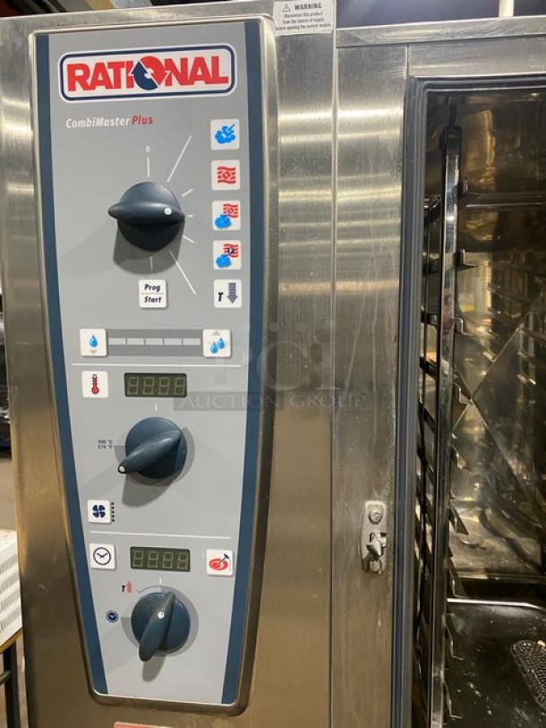 SWEET! Rational CombiMaster Plus Series Commercial Stainless Steel Natural Gas Powered Combi Oven! With Built-In Pan Holding Rack! With Rational R95-CL Replacement Cartridge & Water Connection Hoses! Model: CMP 101G SN: G11MH13102370827! 120V 1 Phase! With Double Section Pan Holding Base! On Legs! - Image 8 of 12