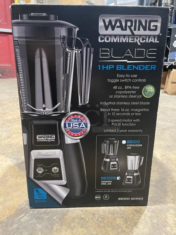 BRAND NEW! IN THE BOX! Waring Blade Series Commercial 48 Oz. Countertop Food/Beverage Bar Blender! With Industrial Stainless Steel Blade & Blender Jar! With Toggle Switch Controls! Model: BB300-S! 120V 1 Phase! - Image 1 of 3