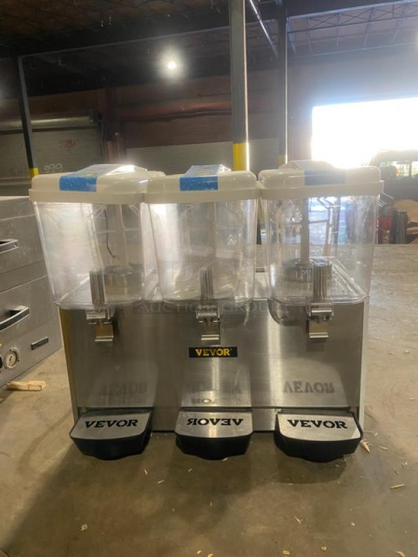 Vevor! Late Model! Commercial Stainless Steel Countertop Cold Beverage Dispenser! With Three 18L Clear Polycarbonate Tanks! With New O-Rings & Tank Ring Seals! Model: LYJ18X3! 110V! On Non-Slip Base Feet! - Image 1 of 9
