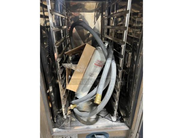SWEET! Rational CombiMaster Plus Series Commercial Stainless Steel Natural Gas Powered Combi Oven! With Built-In Pan Holding Rack! With Rational R95-CL Replacement Cartridge & Water Connection Hoses! Model: CMP 101G SN: G11MH13102370827! 120V 1 Phase! With Double Section Pan Holding Base! On Legs! - Image 11 of 12