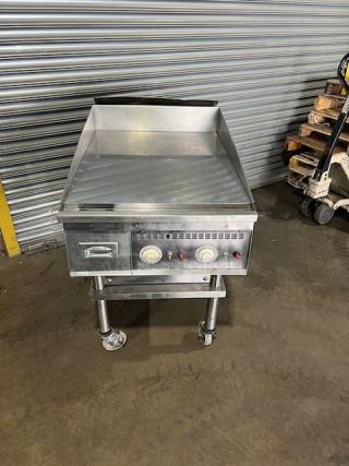 SWEET! Keating Commercial Stainless Steel Natural Gas Powered Countertop Extra-Deep Mirror-Shine Polished Top Flat Griddle! With Thermostatic Controls! With Back & Side Splash! With Single Shelf Equipment Cart! On Casters!