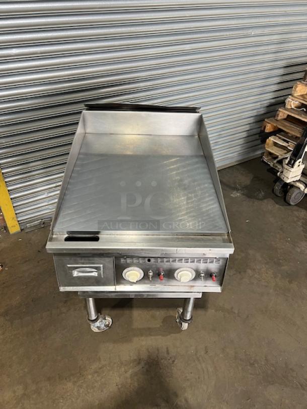 SWEET! Keating Commercial Stainless Steel Natural Gas Powered Countertop Extra-Deep Mirror-Shine Polished Top Flat Griddle! With Thermostatic Controls! With Back & Side Splash! With Single Shelf Equipment Cart! On Casters! - Image 2 of 8