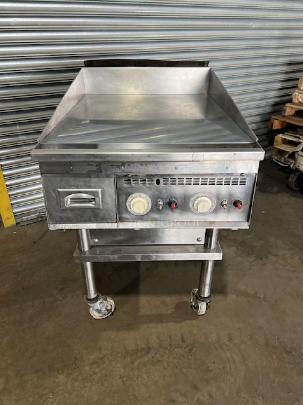 SWEET! Keating Commercial Stainless Steel Natural Gas Powered Countertop Extra-Deep Mirror-Shine Polished Top Flat Griddle! With Thermostatic Controls! With Back & Side Splash! With Single Shelf Equipment Cart! On Casters! - Image 3 of 8