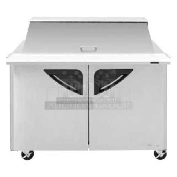 BRAND NEW! IN THE BOX! Turbo Air Super Deluxe Series Commercial Stainless Steel 2 Door Refrigerated Bain Marie Style Mega Top Sald/Sandwich Prep Table! With Chrome Plated Wire Racks! With Full Length Removable Cutting Board! With Clear Polycarbonate Food Pans! Model: TST-48SD-18-N! 115V 1 Phase! With Casters! - Image 1 of 14