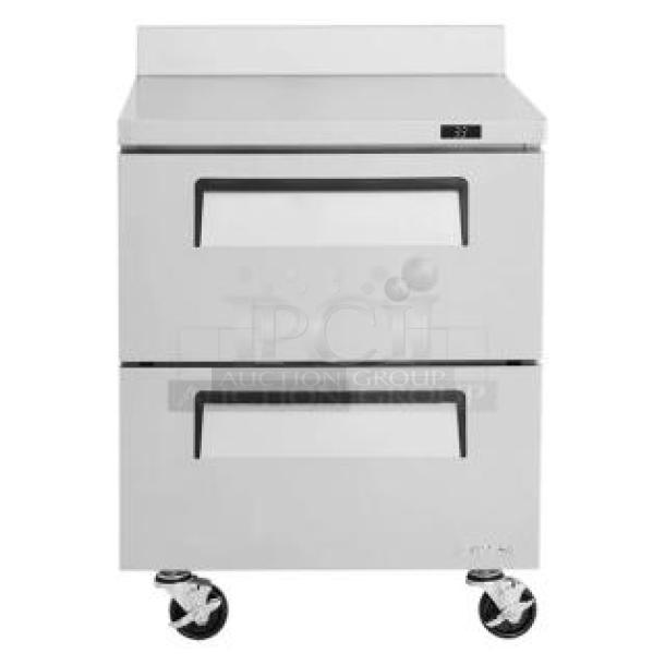 BRAND NEW! IN THE BOX! Turbo Air Super Deluxe Series Commercial Stainless Steel 2 Drawer Refrigerated Worktop Cooler! With Back Splash! Model: TWR-28SD-D2-N! 115V 1 Phase! With Casters! - Image 1 of 14