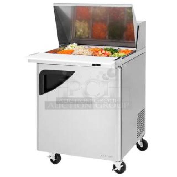 BRAND NEW! IN THE BOX! Turbo Air Super Deluxe Series Commercial Stainless Steel 1 Door Refrigerated Bain Marie Style Mega Top Sald/Sandwich Prep Table! With Chrome Plated Wire Racks! With Removable Cutting Board! With Clear Polycarbonate Food Pans! Model: TST-28SD-12-N! 115V 1 Phase! With Casters! - Image 1 of 14