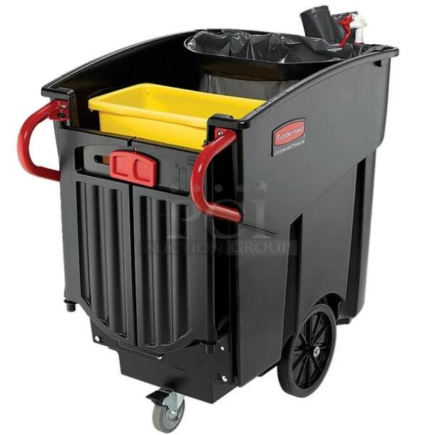 BRAND NEW! Rubbermaid Executive Series Commercial Heavy Duty Mega Brute 120 Gal. Rectangular Black Mobile Waste Collector/Trash Receptacle! With Built-In Storage Area! Model: FG9W7300BLA! On Lockable Casters! - Image 1 of 1
