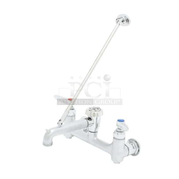 BRAND NEW! IN THE BOX! T & S Brass Commercial Chrome Plated Wall-Mount Sink Service Faucet! With Built-In Stops! With Vacuum Breaker Spout & Pail Hook! With 3/4" Garden Hose Outlet! With Upper Support Rod! Model: B-0665-BSTR! - Image 1 of 1