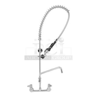 BRAND NEW! IN THE BOX! T&S Brass Commercial Chrome Plated Wall Mount Pre-Rinse Unit! With 12" Add-On Swing Faucet & 44" Flex Hose! With 1.2 GPM Spray Valve! Model: 5PR-8W12-C!