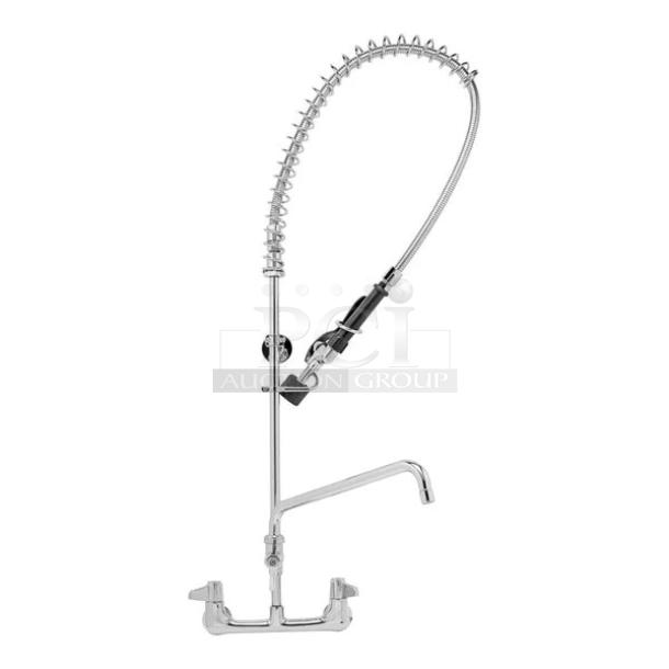 BRAND NEW! IN THE BOX! T&S Brass Commercial Chrome Plated Wall Mount Pre-Rinse Unit! With 12" Add-On Swing Faucet & 44" Flex Hose! With 1.2 GPM Spray Valve! Model: 5PR-8W12-C! - Image 1 of 1