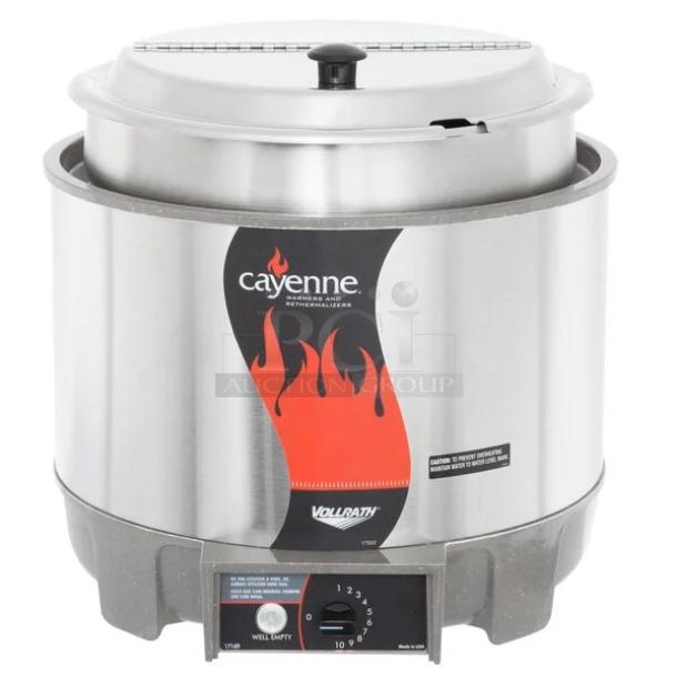 BRAND NEW! IN THE BOX! Vollrath Cayenne Series Commercial Stainless Steel Electric Powered Countertop Round 11 Qt. Heat-N-Serve Rethermalizer/Food Warmer! With Thermostatic Control! With Inset & Hinged Cover! Model: 72009! 120V 1 Phase! - Image 1 of 1