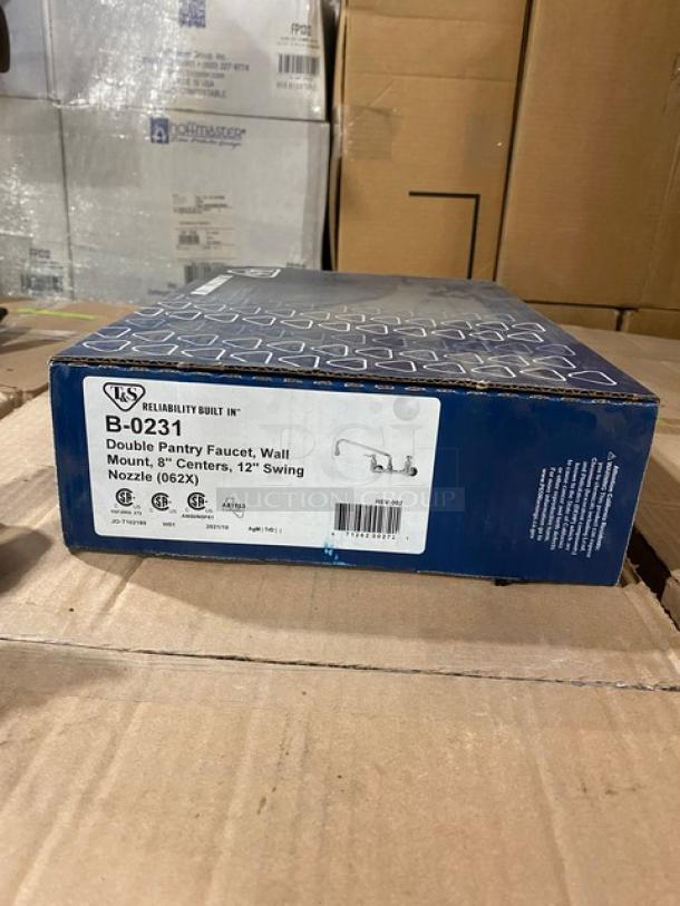 BRAND NEW! IN THE BOX! T & S Brass Commercial Wall Mounted Double Pantry Faucet! With 8" Centers & 12" Swing Spout! Model: B-0231! - Image 1 of 5
