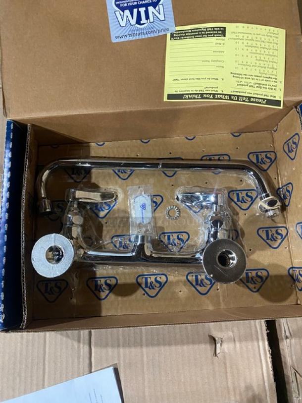 BRAND NEW! IN THE BOX! T & S Brass Commercial Wall Mounted Double Pantry Faucet! With 8" Centers & 12" Swing Spout! Model: B-0231! - Image 3 of 5