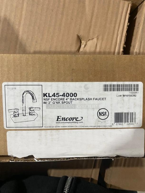 BRAND NEW! IN THE BOX! Encore Commercial Wall Mount Backsplash Faucet! With Gooseneck Spout! Model: KL45-4000! - Image 6 of 6