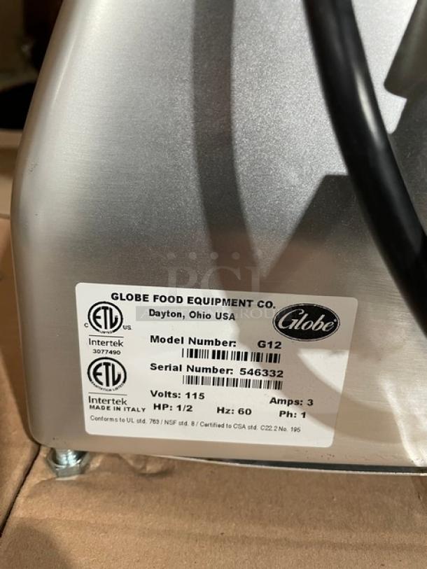 NEW! SCRATCH-N-DENT! Globe Commercial Electric Powered Countertop Manual Gravity Feed Deli Meat/Cheese Slicer! With 12" Wide Blade! Model: G12 SN: 546332! 115V 1 Phase! On Legs! - Image 8 of 11