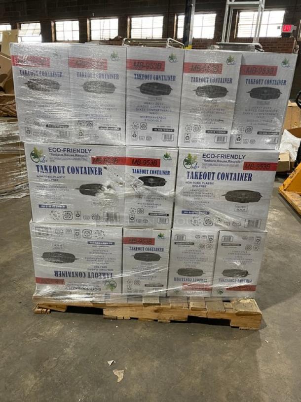 NEW! FULL PALLET! MP Eco-Friendly Commercial Glossy Black Stackable Heavy Duty Microwavable Takeout Food Containers! With Hinged Lid & 3-Compartments! 120/Case! Model: MB-953B! ALL NEW IN THE BOX! 30X Your Bid! - Image 3 of 6