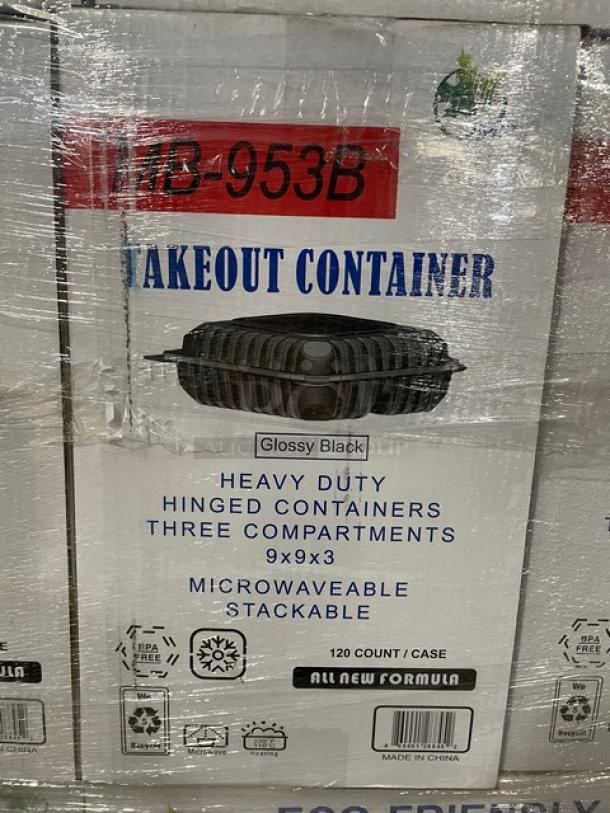 NEW! FULL PALLET! MP Eco-Friendly Commercial Glossy Black Stackable Heavy Duty Microwavable Takeout Food Containers! With Hinged Lid & 3-Compartments! 120/Case! Model: MB-953B! ALL NEW IN THE BOX! 30X Your Bid! - Image 5 of 6