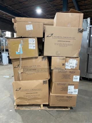 NEW! MIXED PALLET! Eagle Group Commercial Heavy-Duty Multi-Tier Angled Shelf/Visual Merchandiser Cart! Model: M1848BL! With Lacerta Group Commercial Clear Tamper Evident Stand-Up Sandwich/Wrap Containers! Model: T20212! With Hoffmaster Commercial Linen-Like Dinner Napkins! Model: 066099! With Emile Henry France Commercial Black Rectangular Gastron Baking Dish/Loaf Pan! Model: 34.63! With: Steelite International Rona Series Commercial Clear Non-Tempered Glass 5.5 Oz. Champagne Flute Glassware! Model: 4854R353! With Commercial Stainless Steel Removable 3-Sided Splash For Counter-Mount Drop-In Sinks! Model: 10064992! With Spring USA Skyra Series Commercial Round Wynwood Induction/Chafing Dish Display Stand! Model: SK-14512141! With Metro Super Erecta Series Commercial Chrome Wired 12"x48" Cantilevered Shelf! Model: 1248CSNC! & More! ALL NEW IN THE BOX! 33X Your Bid!