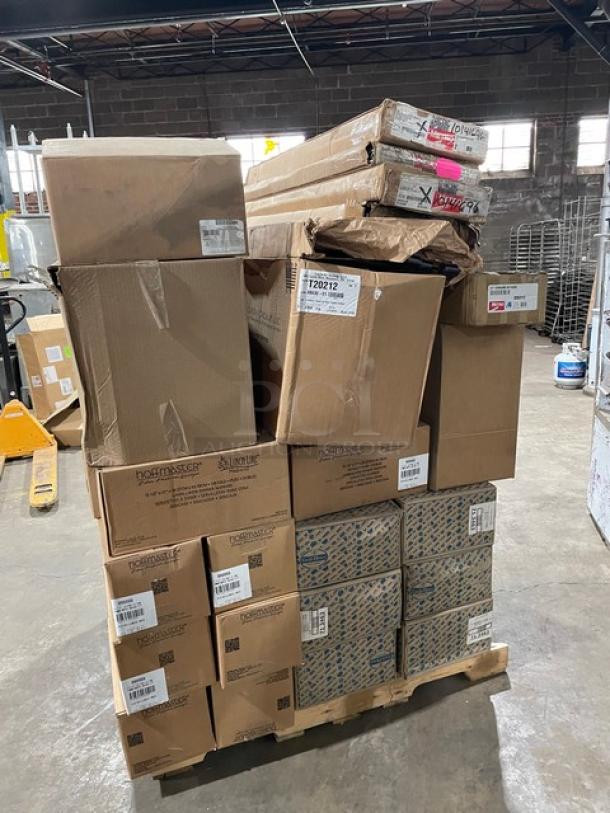 NEW! MIXED PALLET! Eagle Group Commercial Heavy-Duty Multi-Tier Angled Shelf/Visual Merchandiser Cart! Model: M1848BL! With Lacerta Group Commercial Clear Tamper Evident Stand-Up Sandwich/Wrap Containers! Model: T20212! With Hoffmaster Commercial Linen-Like Dinner Napkins! Model: 066099! With Emile Henry France Commercial Black Rectangular Gastron Baking Dish/Loaf Pan! Model: 34.63! With: Steelite International Rona Series Commercial Clear Non-Tempered Glass 5.5 Oz. Champagne Flute Glassware! Model: 4854R353! With Commercial Stainless Steel Removable 3-Sided Splash For Counter-Mount Drop-In Sinks! Model: 10064992! With Spring USA Skyra Series Commercial Round Wynwood Induction/Chafing Dish Display Stand! Model: SK-14512141! With Metro Super Erecta Series Commercial Chrome Wired 12"x48" Cantilevered Shelf! Model: 1248CSNC! & More! ALL NEW IN THE BOX! 33X Your Bid! - Image 4 of 13