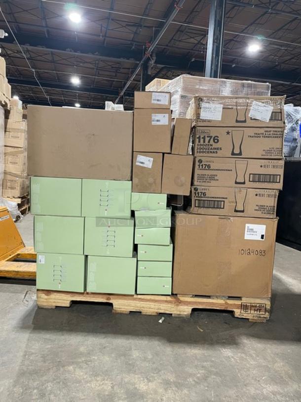 NEW! MIXED PALLET! Figgjo Norway Commercial 17 Oz. Pax Bowls! Model: 6919HH-GRE! With Iittala Essence Valkoviinilasi Series Commercial Clear White Wine Glasses! With Commercial Heavy-Duty 5 Gal. EZ-Fill Container! Model: 7576! With Libbey Commercial 9 Oz. Heat-Treated Hourglass Style Pilsner Glass! With Figgjo Norway Figgjo Ting Series Commercial White 17 Cm. Round Saucers! Model: 2861UH! With Figgjo Norway Commercial Pale Beige 23-2/3 Oz. Pax/Coupe Bowls! Model: 6918HH-BEI! With Steelite International Commercial Stainless Steel Demitasse Spoons! Model: 5305S005! With Commercial Ramekin 4" Round Kastehelmi Jars! ALL NEW IN THE BOX! 74X Your Bid! - Image 1 of 12