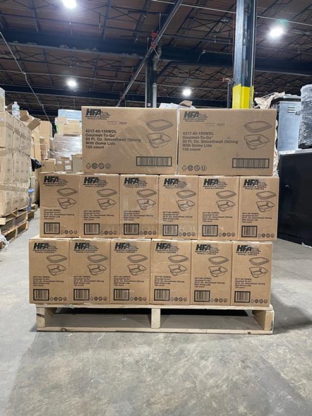 NEW! FULL PALLET! HFA Commercial Aluminum 20 Oz. Smoothwall Gourmet-To-Go Food Containers! With Clear Dome Lids! 150/Case! Model: 4217-45-150WDL! ALL NEW IN THE BOX! 38X Your Bid! - Image 1 of 9