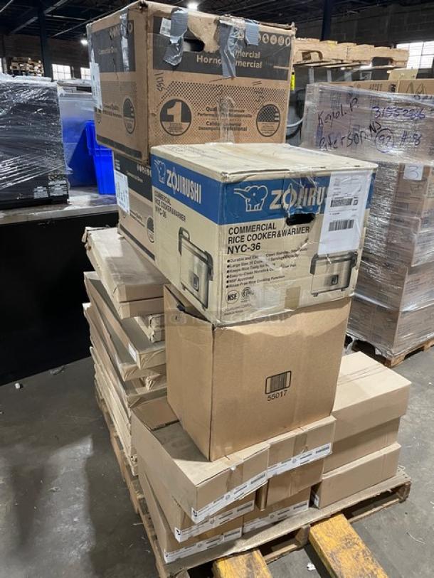 NEW! MIXED PALLET! Zojirushi Commercial Electric Powered Countertop Rice Cooker/Warmer! Model: NYC-36! With American Package Co. Commercial White Heavyweight 27"x27" Table Covers! Model: 27x27HY400! With MenuMaster Commercial Electric Powered Countertop Microwave Oven! Model: MCS10DSE! With Amana Commercial Electric Powered Countertop Microwave Oven! Model: RMS10TSA! With Cambro Camwear Series Commercial Clear 2 Qt. Measuring Cups! Model: 200MCCW135! With Commercial Fun & Games Style Placemats! Model: PG01003! ALL NEW IN THE BOX! 28X Your Bid! - Image 2 of 10