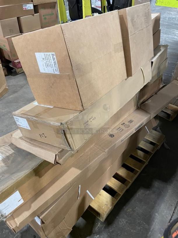 NEW! MIXED PALLET! Cambro Camshelving Series Commercial Speckled Gray 24" x 48" x 75" Premium 4-Tier Modular Shelving System! Model: CPMU244875V4480! With Metro Commercial Chrome 18'' x 42'' Erecta Wire Shelf! Model: 1842C! With Metro Commercial Super Erecta 5" Polyurethane Tread Brake Stem Casters! Without The Bumpers! Model: 5MPB-NB! With Metro Commercial Chrome 24'' x 60'' Erecta Wire Shelf! With Cal-Mil Commercial Clear 12" x 16" x 12.5" Classic Front Slanted Food Bins! With Tuxton CLA Series Commercial 7.5" Round Custom Plates! With Commercial Stainless Steel Double Over Shelves! Model: OS68T! & More! ALL NEW IN THE BOX! 18X Your Bid! - Image 3 of 9