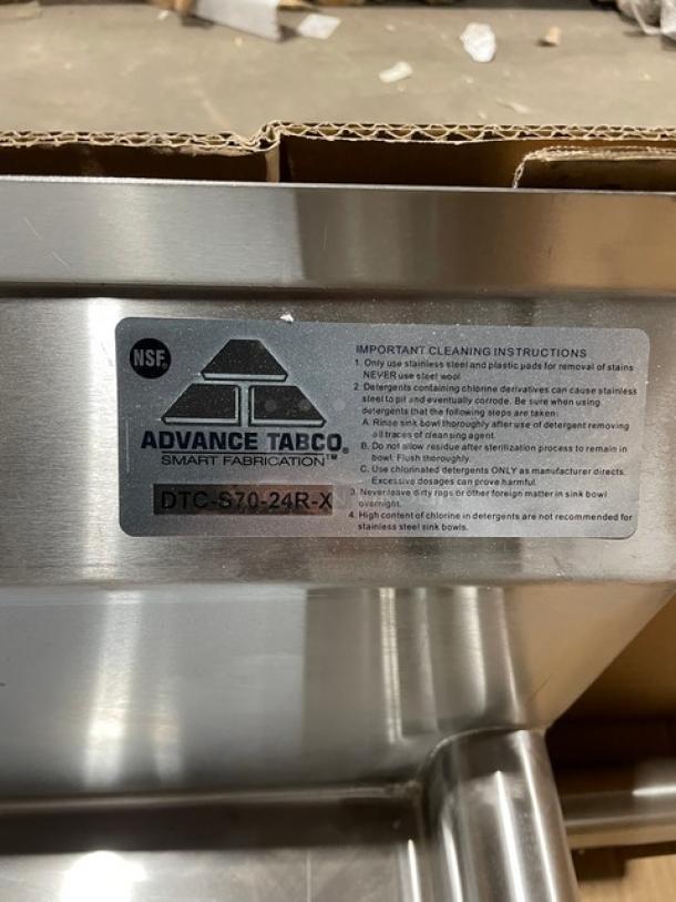 NEW! IN THE BOX! Advance Tabco Commercial Stainless Steel Heavy-Duty Clean Straight Design 24" Right Side Dishtable! With Back Splash! Model: DTC-S70-24R-X! - Image 6 of 8