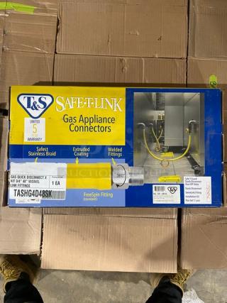 BRAND NEW! IN THE BOX! T&S Safe-T-Link Commercial Yellow FreeSpin Fitting 48" Quick Connect/Disconnect Gas Appliance Hose Kit! Model: HG-4D-48SK! 2X Your Bid!