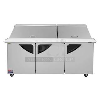 BRAND NEW! IN THE BOX! Turbo Air Super Deluxe Series Commercial Stainless Steel 3 Door Refrigerated Bain Marie Style Mega Top Sald/Sandwich Prep Table! With Poly Coated Wire Racks! With Clear Polycarbonate Food Pans! With Full Length Removable Cutting Board! Model: TST-72SD-30-N! 115V 1 Phase! With Casters!