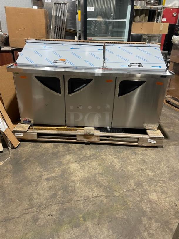 BRAND NEW! IN THE BOX! Turbo Air Super Deluxe Series Commercial Stainless Steel 3 Door Refrigerated Bain Marie Style Mega Top Sald/Sandwich Prep Table! With Poly Coated Wire Racks! With Clear Polycarbonate Food Pans! With Full Length Removable Cutting Board! Model: TST-72SD-30-N! 115V 1 Phase! With Casters! - Image 4 of 14
