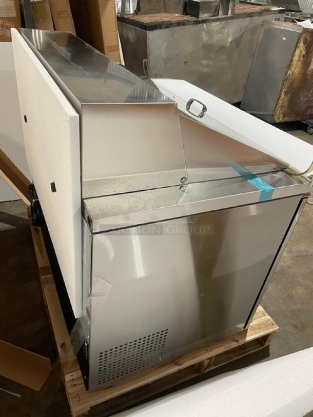 BRAND NEW! IN THE BOX! Turbo Air Super Deluxe Series Commercial Stainless Steel 2 Door Refrigerated Bain Marie Style Mega Top Sald/Sandwich Prep Table! With Chrome Plated Wire Racks! With Full Length Removable Cutting Board! With Clear Polycarbonate Food Pans! Model: TST-48SD-18-N! 115V 1 Phase! With Casters! - Image 7 of 14