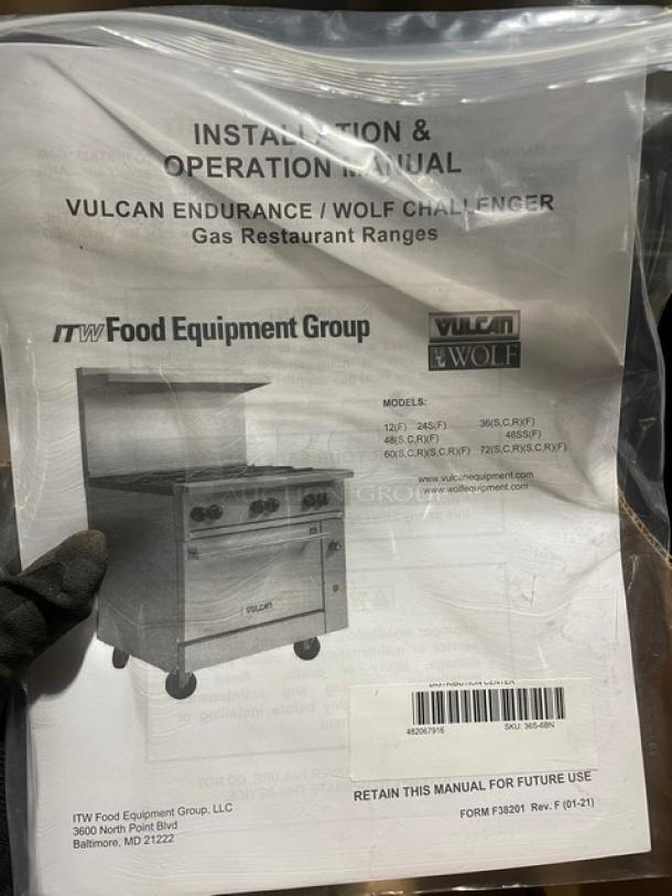 BRAND NEW! IN THE BOX! Vulcan Endurance Series Commercial Stainless Steel Natural Gas Powered 6 Burner Range & Oven Combo! With Chrome Plated Wire Oven Racks! With Back Splash & Overhead Salamander Shelf! Model: 36S-6BN SN: 482060378! With Legs! - Image 12 of 17