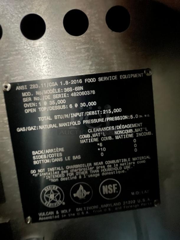 BRAND NEW! IN THE BOX! Vulcan Endurance Series Commercial Stainless Steel Natural Gas Powered 6 Burner Range & Oven Combo! With Chrome Plated Wire Oven Racks! With Back Splash & Overhead Salamander Shelf! Model: 36S-6BN SN: 482060378! With Legs! - Image 17 of 17