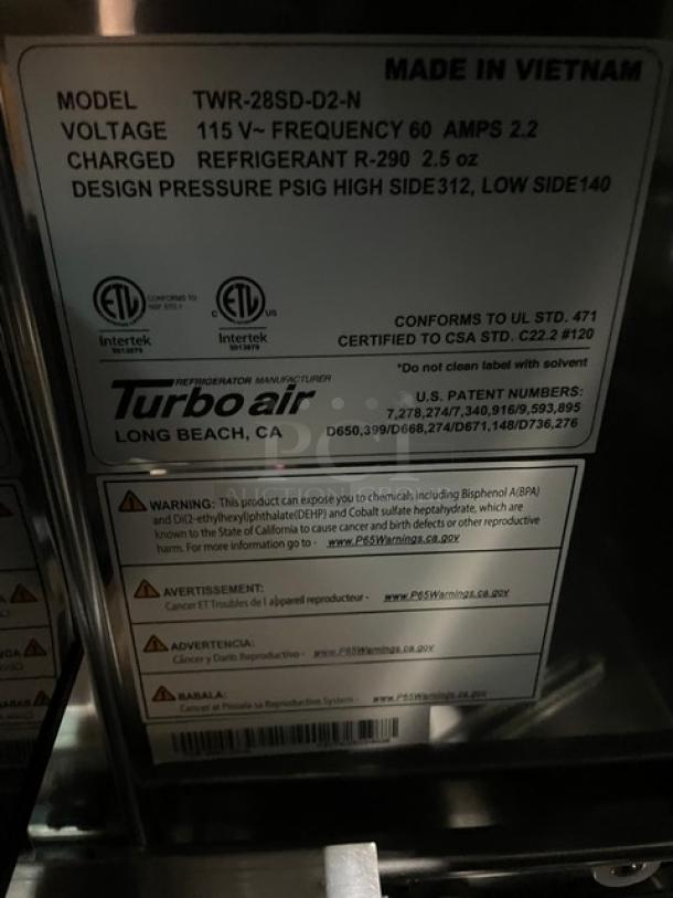 BRAND NEW! IN THE BOX! Turbo Air Super Deluxe Series Commercial Stainless Steel 2 Drawer Refrigerated Worktop Cooler! With Back Splash! Model: TWR-28SD-D2-N! 115V 1 Phase! With Casters! - Image 14 of 14