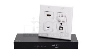 C2G HDBaseT HDMI Extender + USB C, Aux, and USB B to USB over Cat - Wall Plate Transmitter to Receiver Box.