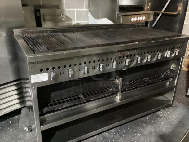 Scratch and Dent! Like New! Vulcan Natural Gas 11-Burner Charbroiler on Castors 
Model# VCCB60
60 x 27 x 38-1/2 - Image 1 of 7