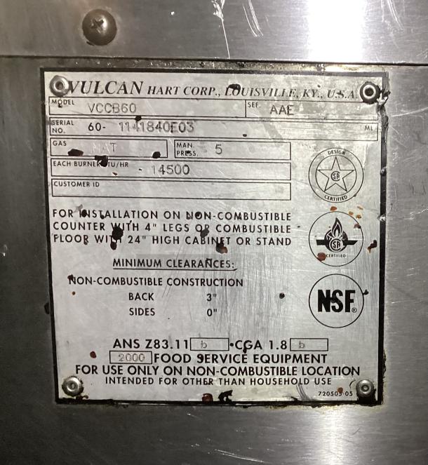 Scratch and Dent! Like New! Vulcan Natural Gas 11-Burner Charbroiler on Castors 
Model# VCCB60
60 x 27 x 38-1/2 - Image 6 of 7