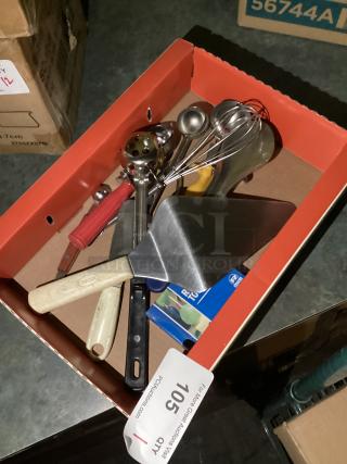 Flat of Misc Utensils, Scoops, Pie Server, Etc.