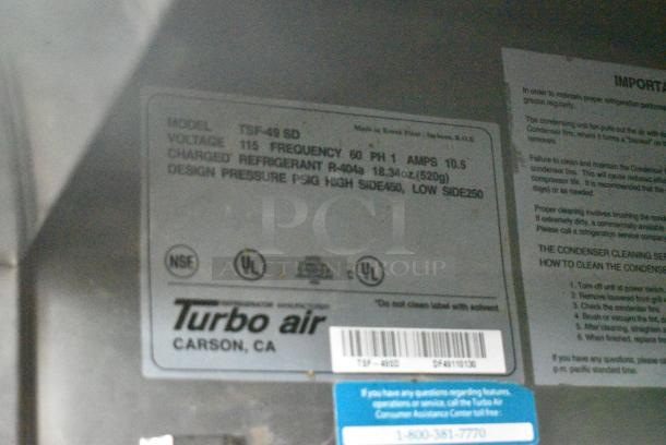 Turbo Air TSF-49 SD Stainless Steel Commercial 2 Door Reach In Freezer w/ Poly Coated Racks on Commercial Casters. 115 Volts, 1 Phase. Tested and Does Not Power On - Image 6 of 6