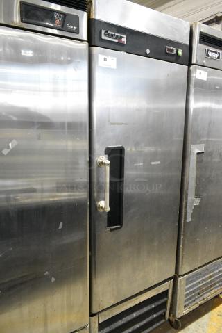 Centaur CSD-1DR-BAL Stainless Steel Commercial Single Door Reach In Cooler w/ Poly Coated Racks on Commercial Casters. 115 Volts, 1 Phase. Tested and Powers On But Does Not Get Cold
