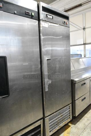 2016 Bison MBF8501 Stainless Steel Commercial Single Door Reach In Freezer w/ Poly Coated Racks on Commercial Casters. 115 Volts, 1 Phase. Tested and Working!