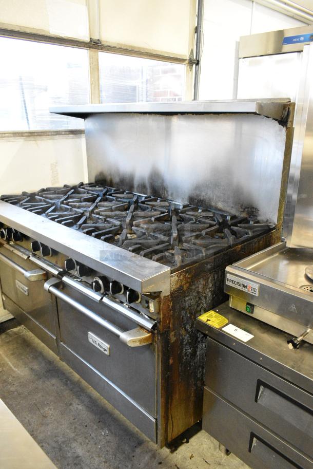 2021 US Range U60-10CR Stainless Steel Commercial Natural Gas Powered 10 Burner Range w/ 2 Ovens, Over Shelf and Back Splash on Commercial Casters. - Image 1 of 11