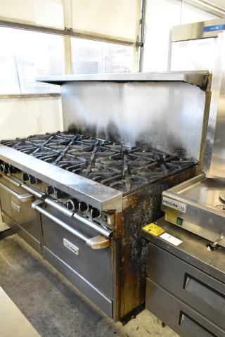 2021 US Range U60-10CR Stainless Steel Commercial Natural Gas Powered 10 Burner Range w/ 2 Ovens, Over Shelf and Back Splash on Commercial Casters.