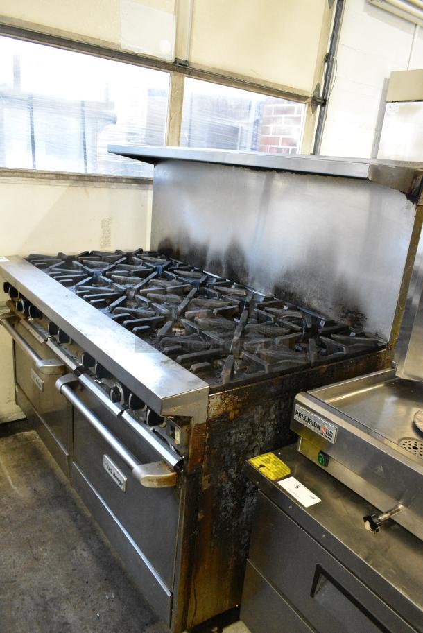 2021 US Range U60-10CR Stainless Steel Commercial Natural Gas Powered 10 Burner Range w/ 2 Ovens, Over Shelf and Back Splash on Commercial Casters. - Image 4 of 11