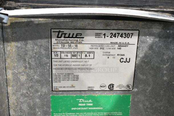 True TD-50-18 Stainless Steel Commercial Back Bar Bottle Cooler w/ 2 Sliding Lids. 115 Volts, 1 Phase. Tested and Working! - Image 7 of 7