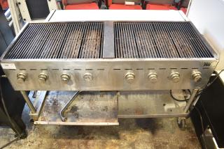 Backyard Pro Metal Commercial Propane Gas Powered Charbroiler Grill w/ Metal Under Shelf on Commercial Casters.