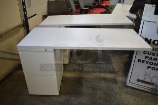 2 Herman Miller White Desks w/ 2 Drawer Filing Cabinet. 2 Times Your Bid!
