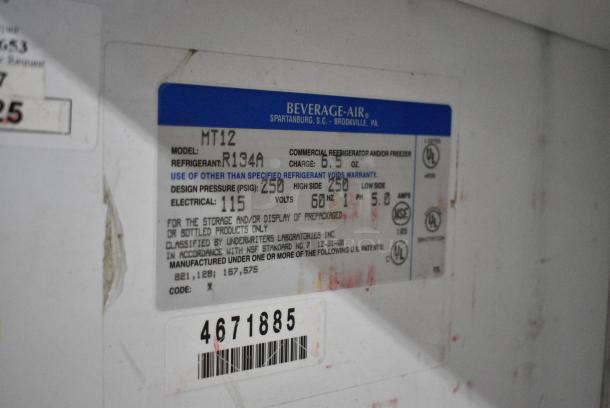Beverage Air MT12 Metal Commercial Single Door Reach In Cooler Merchandiser. 115 Volts, 1 Phase. Tested and Powers On But Does Not Get Cold - Image 3 of 3